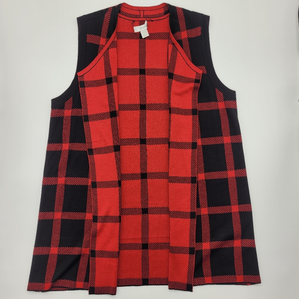 CJ Banks Cardigan Vest Long Red Black Windowpane Plaid Check Womens Size X